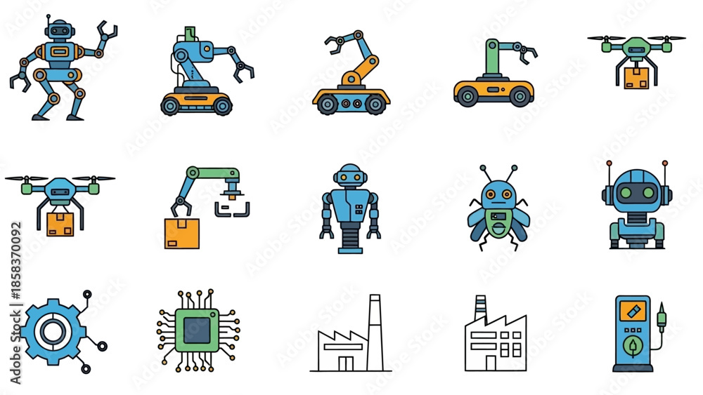 Fototapeta premium Collection of futuristic robots and industrial technology icons.