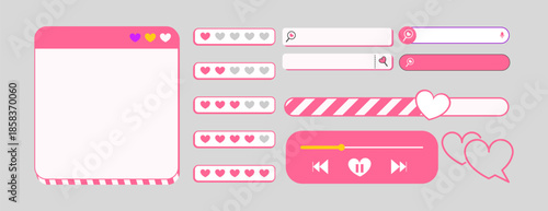 Romantic heart themed UI UX element set for website and mobile app, pink love search bars and music player vector illustration