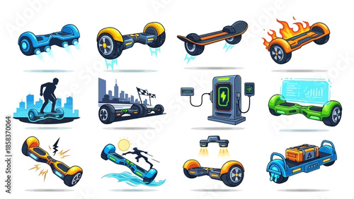 Collection of futuristic hoverboards and electric scooters.