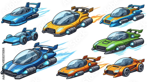 Collection of futuristic racing cars in various colors and designs.