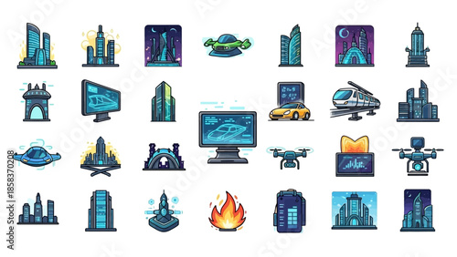 Collection of futuristic technology and city icons.