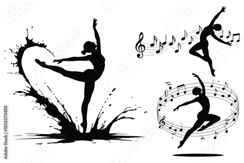 Silhouettes of dancers with musical notes and heart shape