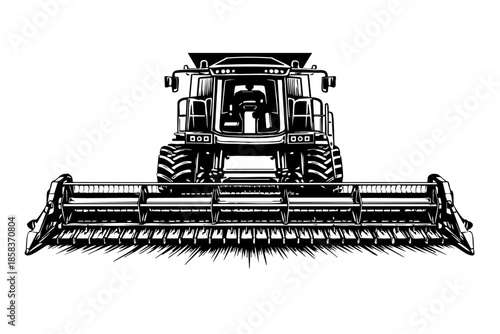 Front view combine harvester advancing forward