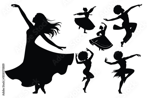 Silhouettes of women dancing in various poses black and white
