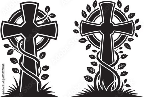 Ancient celtic cross emblem with leaves and vine