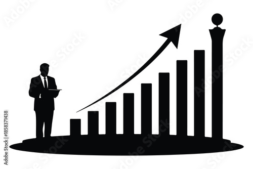 Businessman standing next to rising bar chart with upward arrow