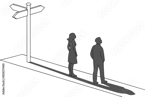 Silhouettes of a couple standing apart with shadows cast on a dark background, conveying a sense of distance