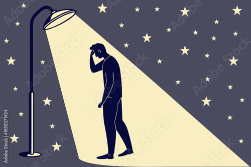 Troubled man under a spotlight amidst scattered stars, isolated silhouette illustration representing inner turmoil