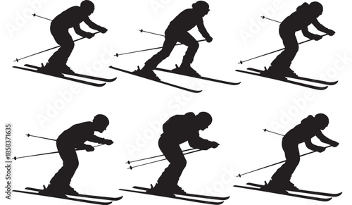 Skiing Silhouettes in Various Poses on White Background for Sports Illustration