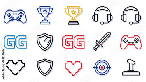 Collection of Gaming Icons and Symbols on White Background.