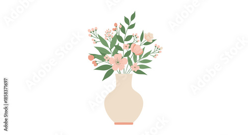 Delicate pink floral arrangement with green leaves displayed in a simple beige ceramic vase isolated on a clean white background for decor.