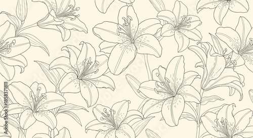 Classic seamless floral pattern featuring hand drawn lilies on a warm cream background for traditional wallpaper and textile applications.