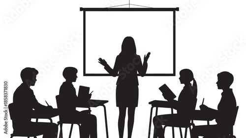 Business Meeting Presentation with Colleagues in a Modern Office Setting with Bright Lighting and a Projector Screen