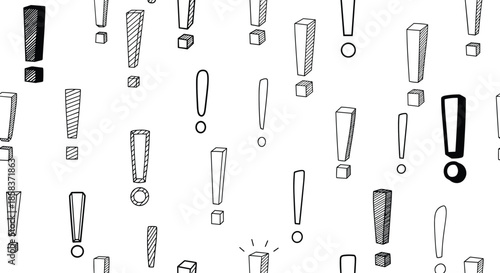 Dynamic seamless pattern of diverse hand drawn exclamation marks in various styles and sizes for emphasis in creative design work.