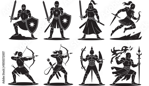 Medieval Warriors in Various Poses and Actions, Black and White Silhouettes, Fantasy Characters, Historical Figures, Isolated on White Background