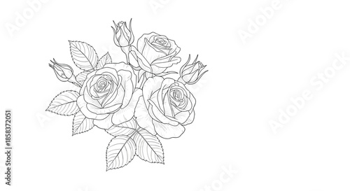 Detailed black and white line art illustration of a beautiful rose bouquet with multiple blooms, buds, and leaves for coloring books.