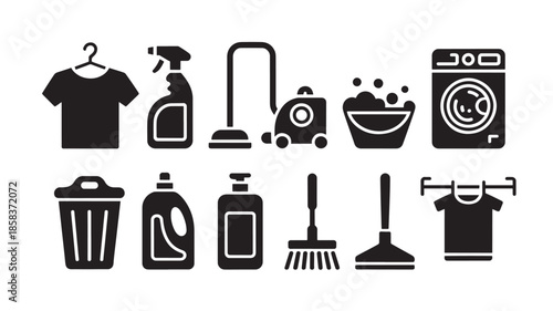 Laundry and Cleaning Icons Set in Simple Black and White Design for Graphic Design Projects
