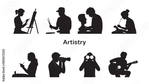 Creative People Engaging in Artistic Activities Silhouette Set for Design Use
