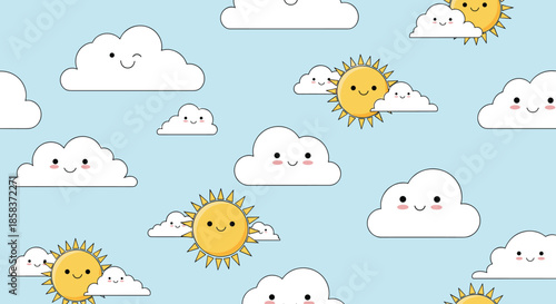 Adorable seamless pattern of smiling cartoon suns and happy clouds on a bright blue background for nursery and kids products.