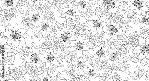 Highly detailed and dense seamless floral pattern featuring lilies and roses in a black and white line art style for coloring books.