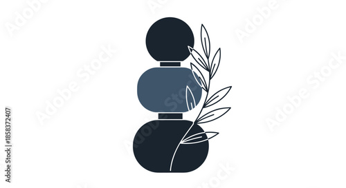 Minimalist abstract composition featuring a leaf branch beside three stacked dark grey circles for a zen and modern aesthetic.