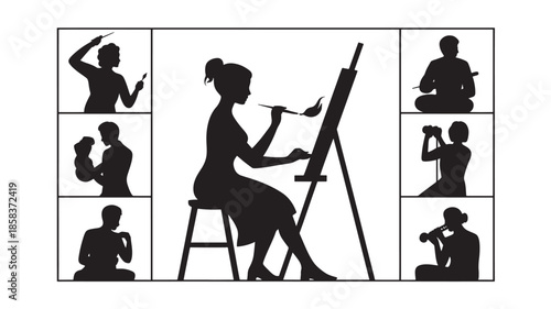 Female Artist Silhouettes Collage with Painter and Camera Users in Minimalist Style
