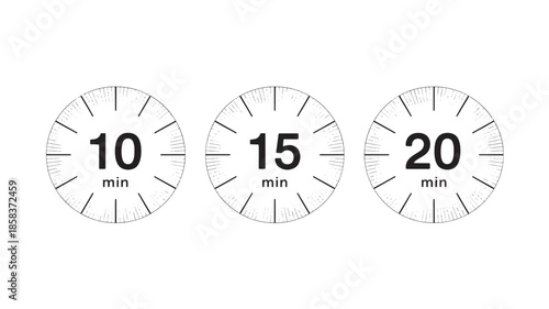 Timer Clocks with 10, 15, and 20 Minutes on White Background for Productivity