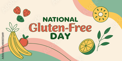 National Gluten-Free Day celebration design with vibrant fruits and foliage