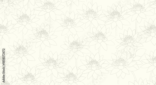 Seamless pattern with delicate white lotus flower outlines on a light cream background for elegant wallpaper.
