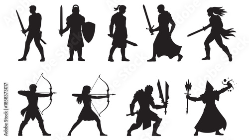 Medieval warriors silhouettes set against a white background for graphic design