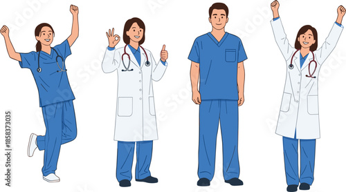 Happy healthcare professionals celebrating success, doctors and nurses in scrubs and lab coats showing confidence isolated on white background illustration