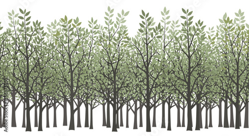 Seamless horizontal border with various green trees in simple flat style on white background for forest design.