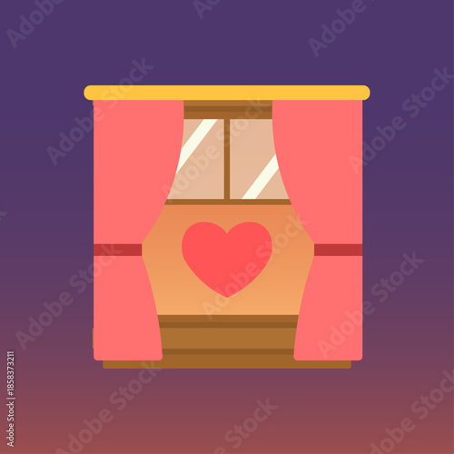 Valentine window illustration. Simple window frame form. Curtains pulled inward creating heart opening. Warm interior light glow. Calm romantic evening scene.