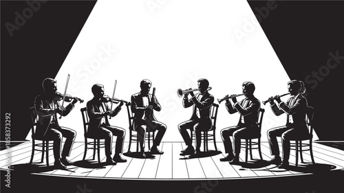 Musicians Performing on Stage with Spotlight in Black and White Illustration for Music Event