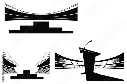 Black and white stadium seating with podium and microphone