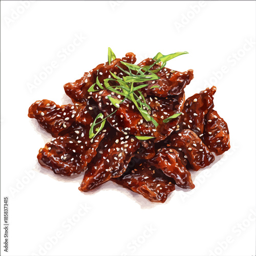 Watercolor Mongolian Beef vector, artistic painting style, high-resolution illustration on a pure white background.