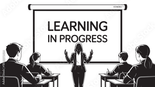 Woman presenting to a group of people in a classroom with a Learning in Progress sign on the projector screen, black and white, formal education setting