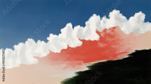 Abstract painted sky with fluffy white clouds, layered with red, pink and dark green-black sections against deep blue background. Ideal as wallpaper, poster for soft colorful abstract landscape decor.
