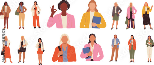 Professional diverse women characters illustration, modern business female leaders standing confident holding documents bags isolated on white background vector set