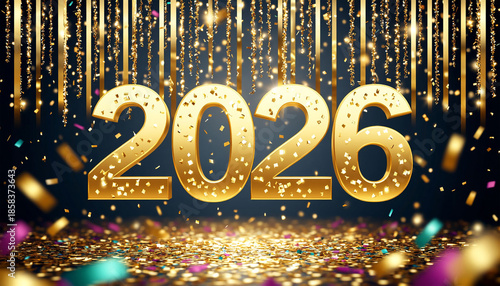 Happy New Year 2026. Golden numbers 2026 and gold confetti on dark background. 