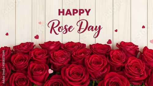 Happy Rose Day celebration image featuring a vibrant border of deep red roses against a soft light wooden plank background with small heart accents.