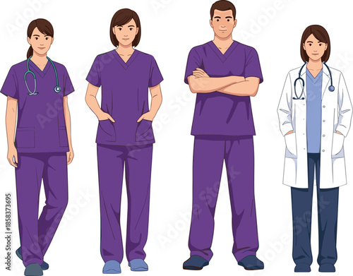 Professional healthcare team wearing purple scrubs and lab coats, doctors and nurses standing confidently isolated on white background vector illustration