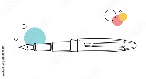 Classic fountain pen sketch with colorful circles in the background, perfect for writers, students, and stationery lovers.
