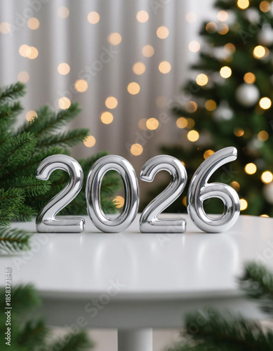 New Year's Eve greeting card with silver numbers 2026 and christmas tree branches. 
