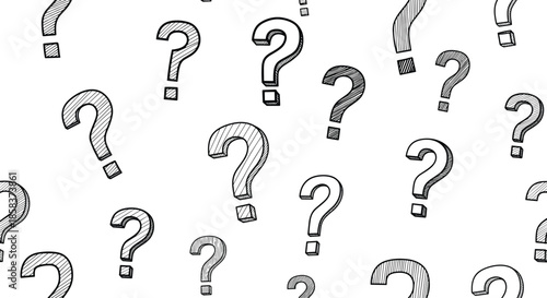 Seamless pattern with various hand drawn question marks in different styles on a white background, ideal for exams.