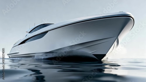 Side view medium shot of a modern boat hull with clean flowing lines to illustrate innovative design principles for improved water displacement and swiftness.