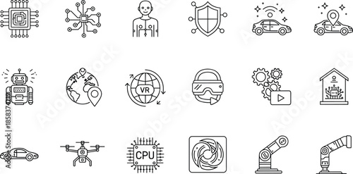 Artificial intelligence and technology line icons set with robot, AI brain, automation, robotics, VR, smart car symbols