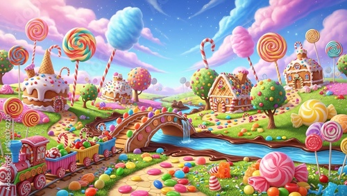 Fantasy candy land scene with colorful lollipops candy train and desserts