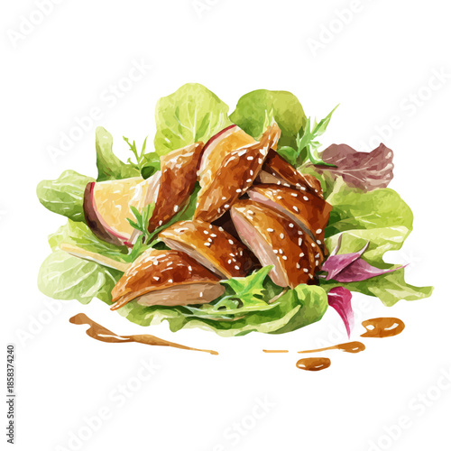 Peking Duck Salad watercolor drawing vector, premium quality illustration on a clean white background.