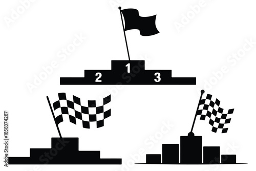 Black and white podium with checkered flags and single black flag